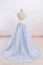 Beautiful Light Blue Tulle And White Top Long Wedding Party Gowns, Straps Junior Semi Formal Prom Dress